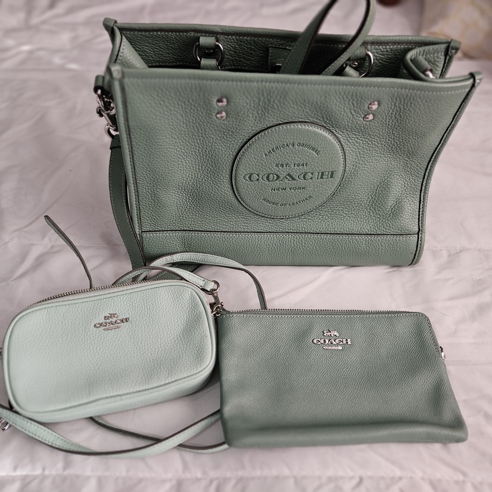 Coach Sage Green Leather Tote and Pouch Trio